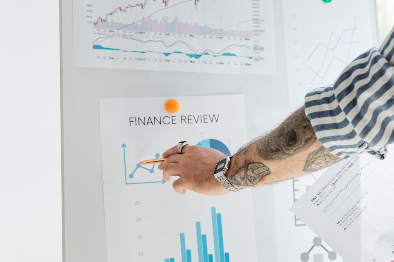 creative-01 A person with tattooed arms presenting financial data using charts and graphs on a whiteboard.